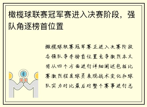 橄榄球联赛冠军赛进入决赛阶段，强队角逐榜首位置